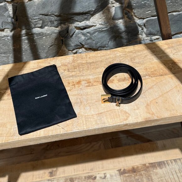 Saint Laurent Black Leather YSL Monogram Cassandre Thin Belt - Picture 13 of 13